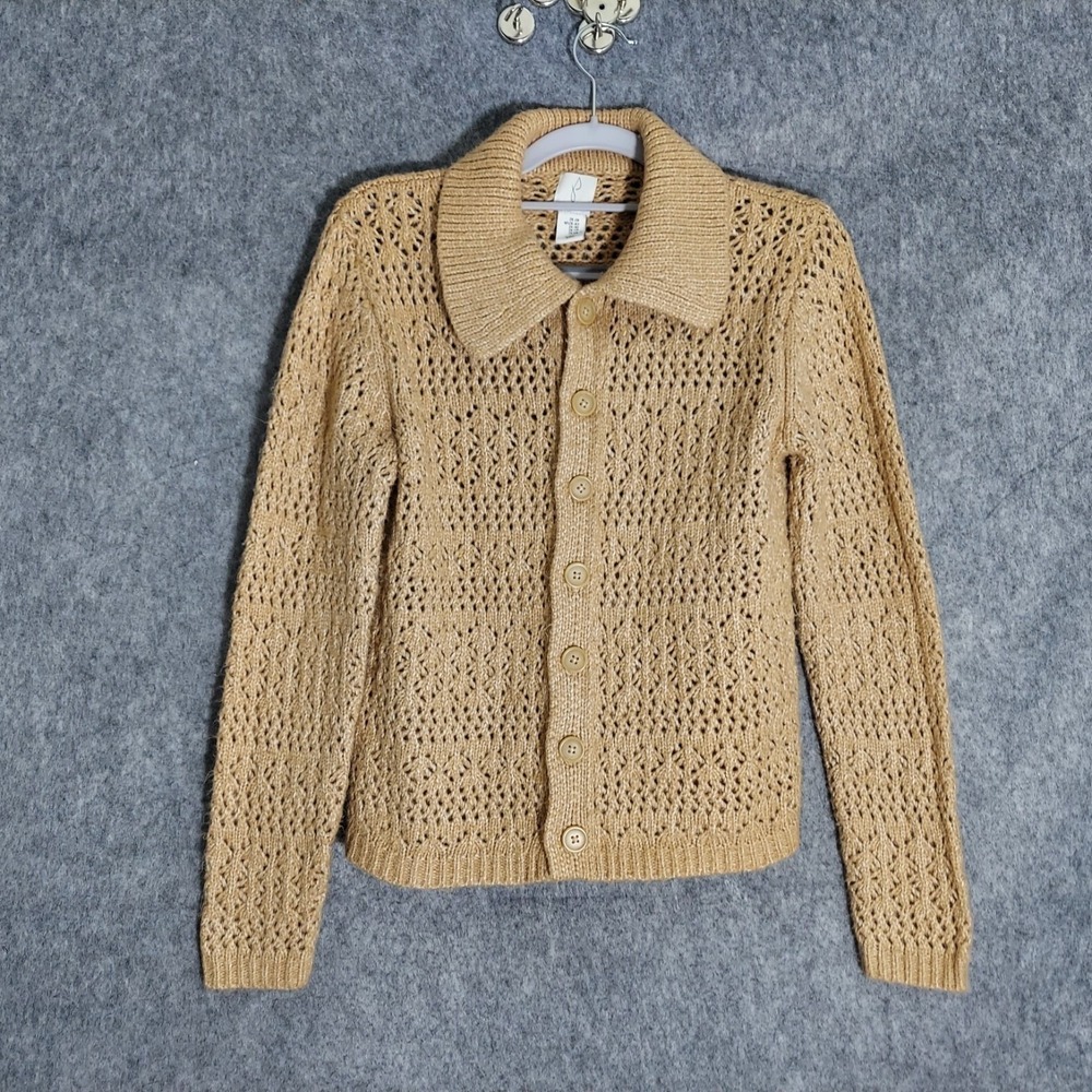 Joie Women Cardigan XS Tan Crochet Ribbed Collared Button Coastal Grandmacore